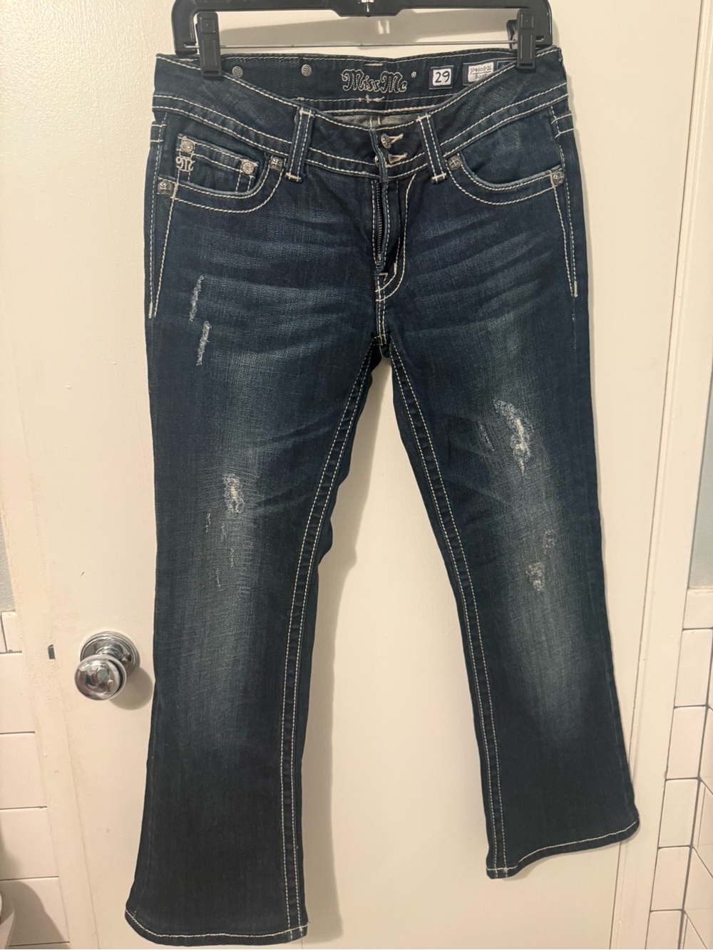Miss Me Dark Wash Distressed Women’s Bootcut Jeans - Blue- length is 28 inches